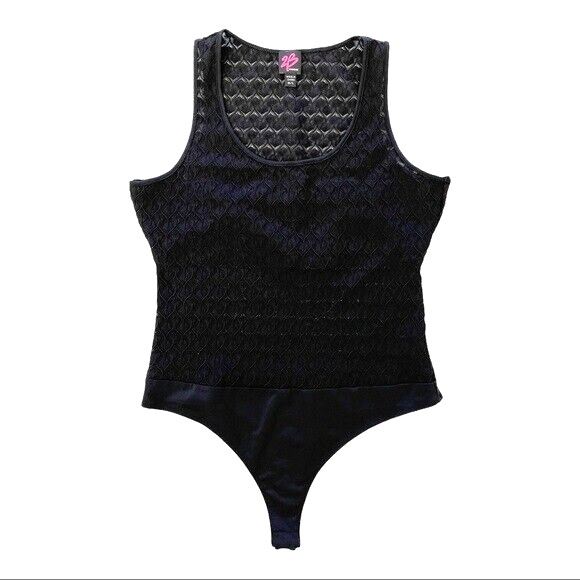 2B Bebe Black Sheer Bodysuit Sleeveless Stretch Lined One Piece Open Back M/L