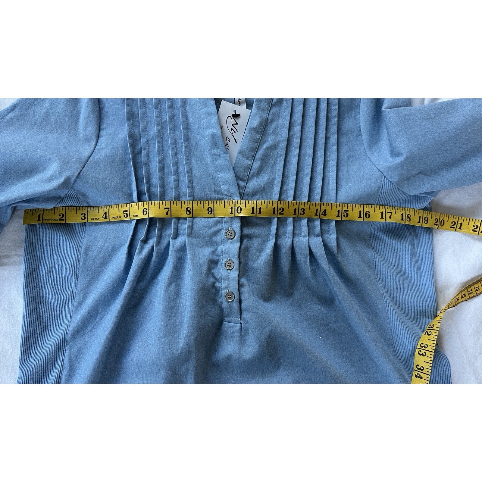NY Collection New Women’s Size L Pleated Pullover Top Roll-Tab-Sleeve Light Blue