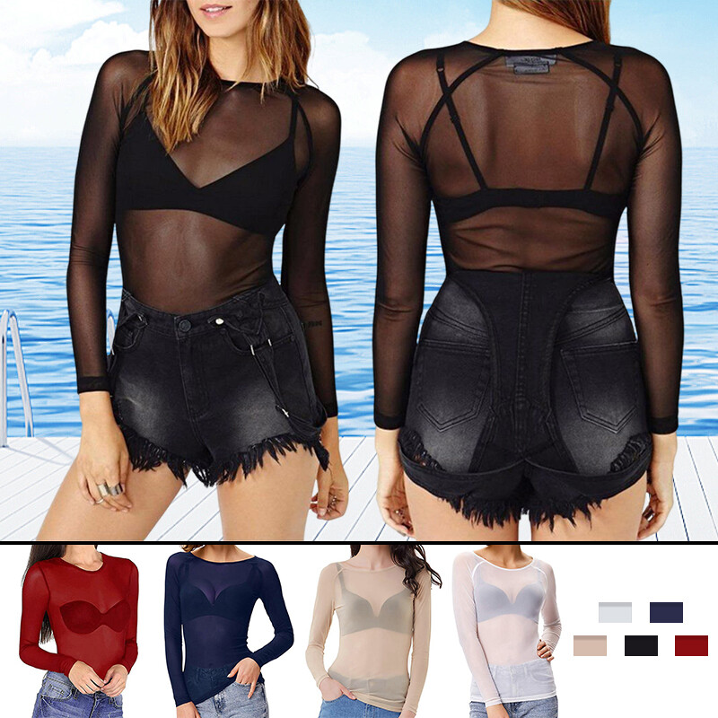 Womens See-Through Mesh Sheer Long Sleeve Summer Crop Tops T-Shirt Blouse Tee