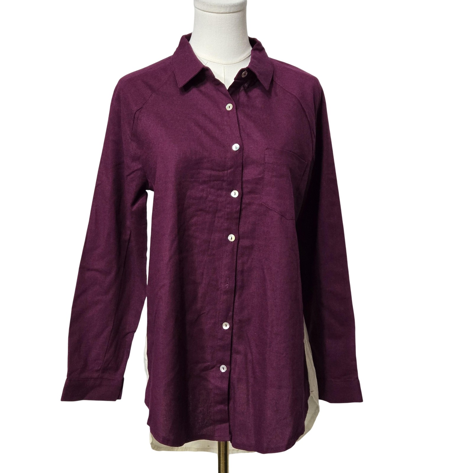 Oddi Shirt Womens Small Purple Colorblock Crochet Back Button Front Tunic Top