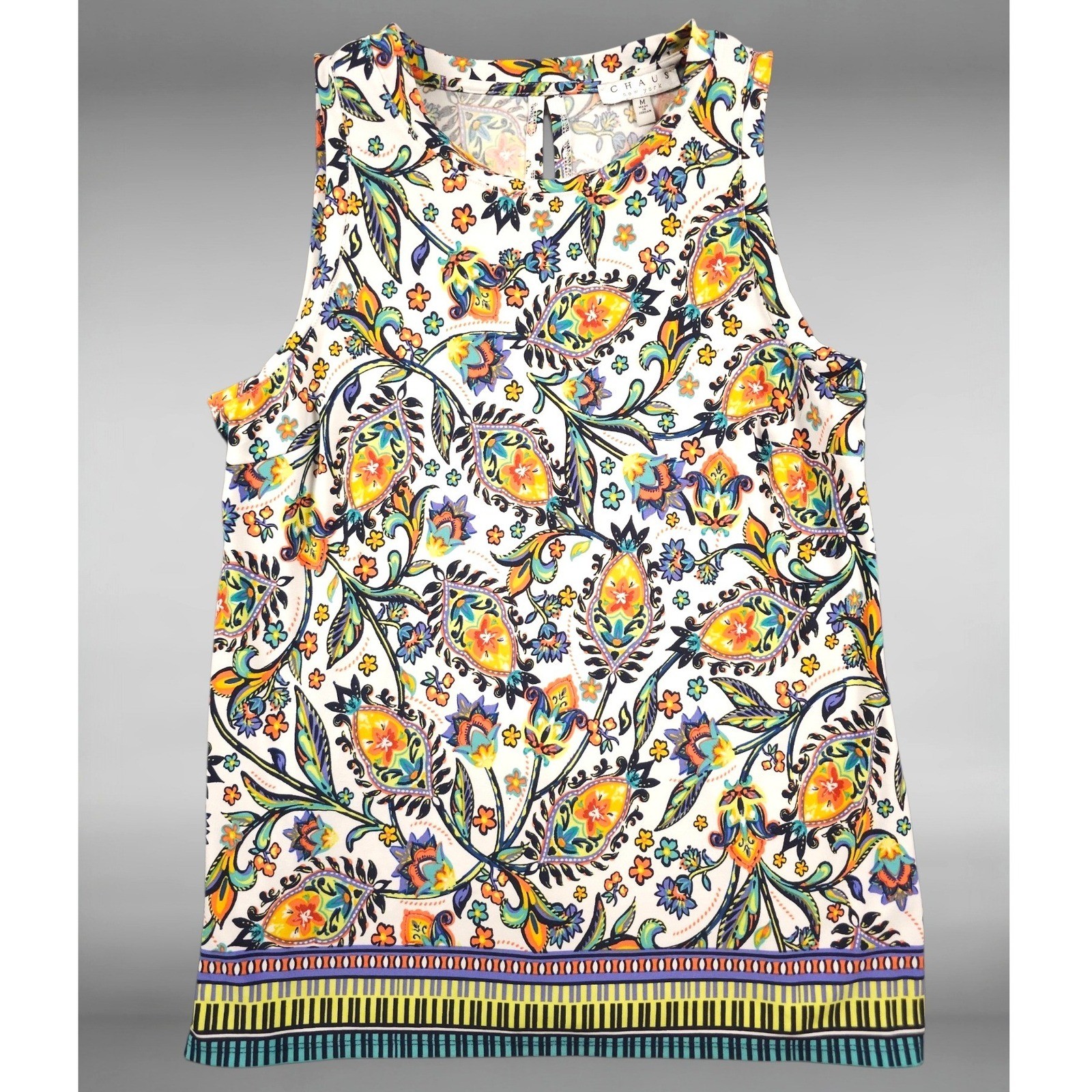 Boho Eclectic Colorful Paisley Border Print Workwear Career Tank Top Womens M