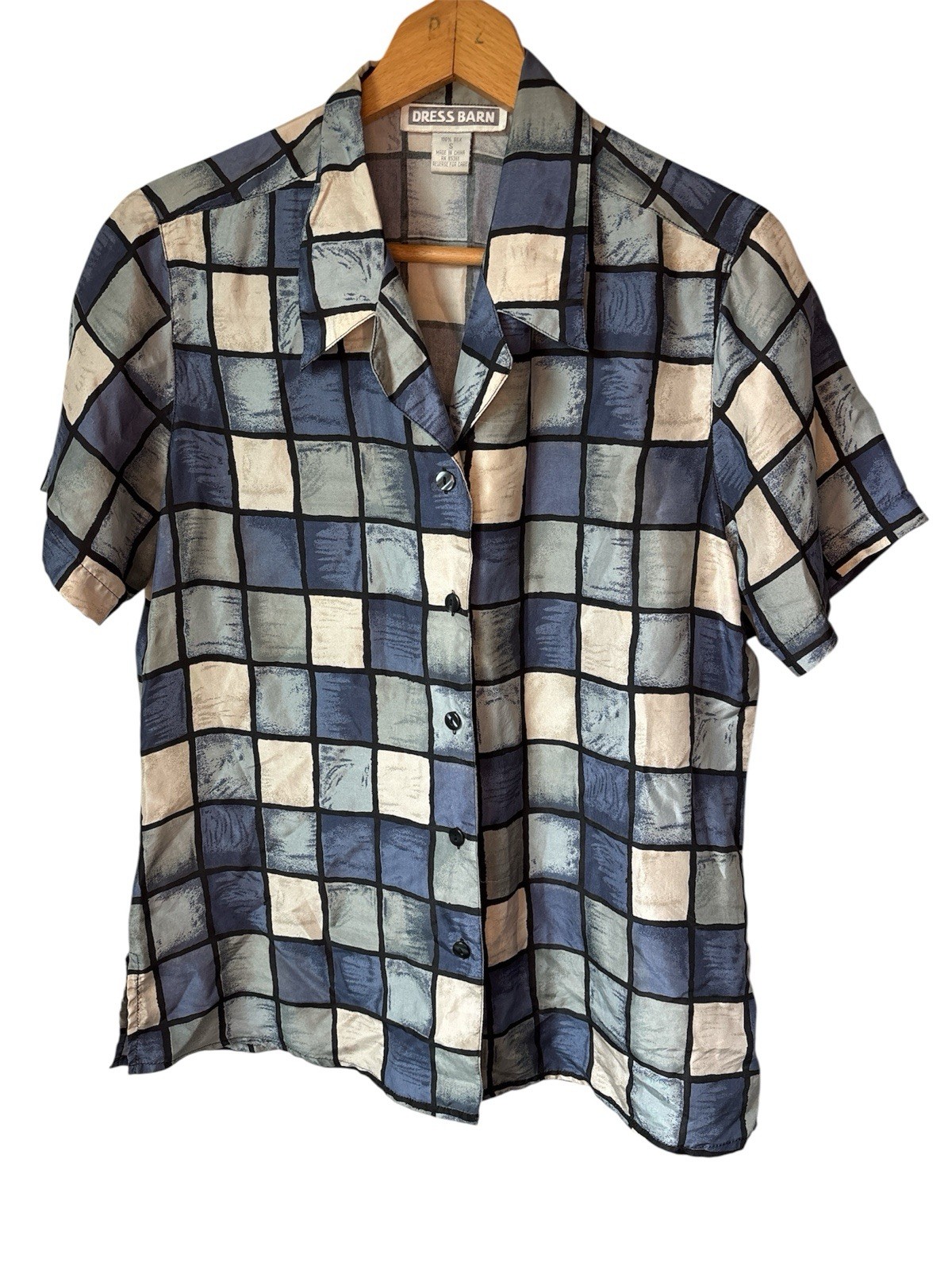 Dressbarn Size S Vintage SILK 80s 90s Colorful Geometric Square Blouse Shirt