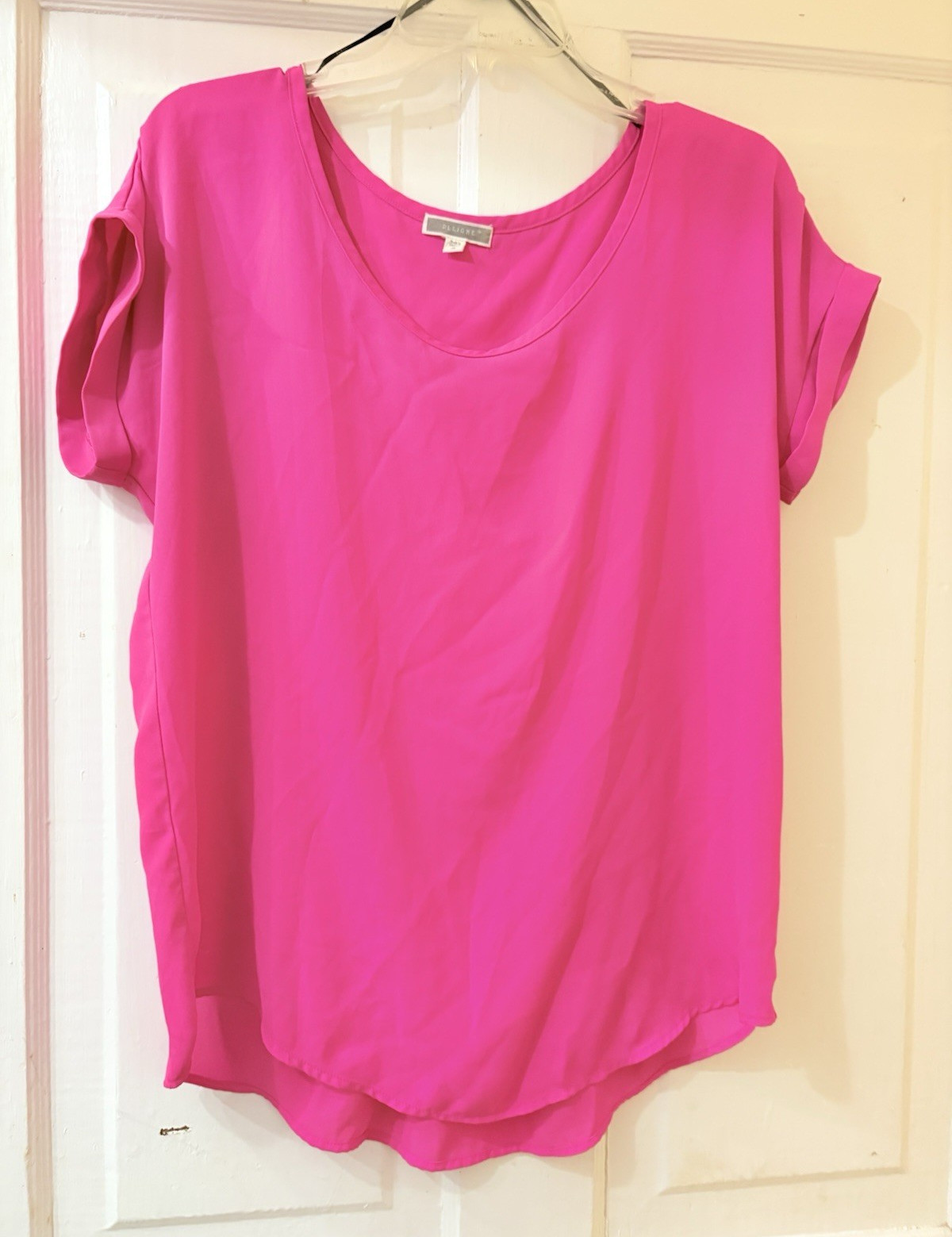 Pleione Women’s Pink Chiffon Polyester Round Neck Short Sleeve Blouse Size M