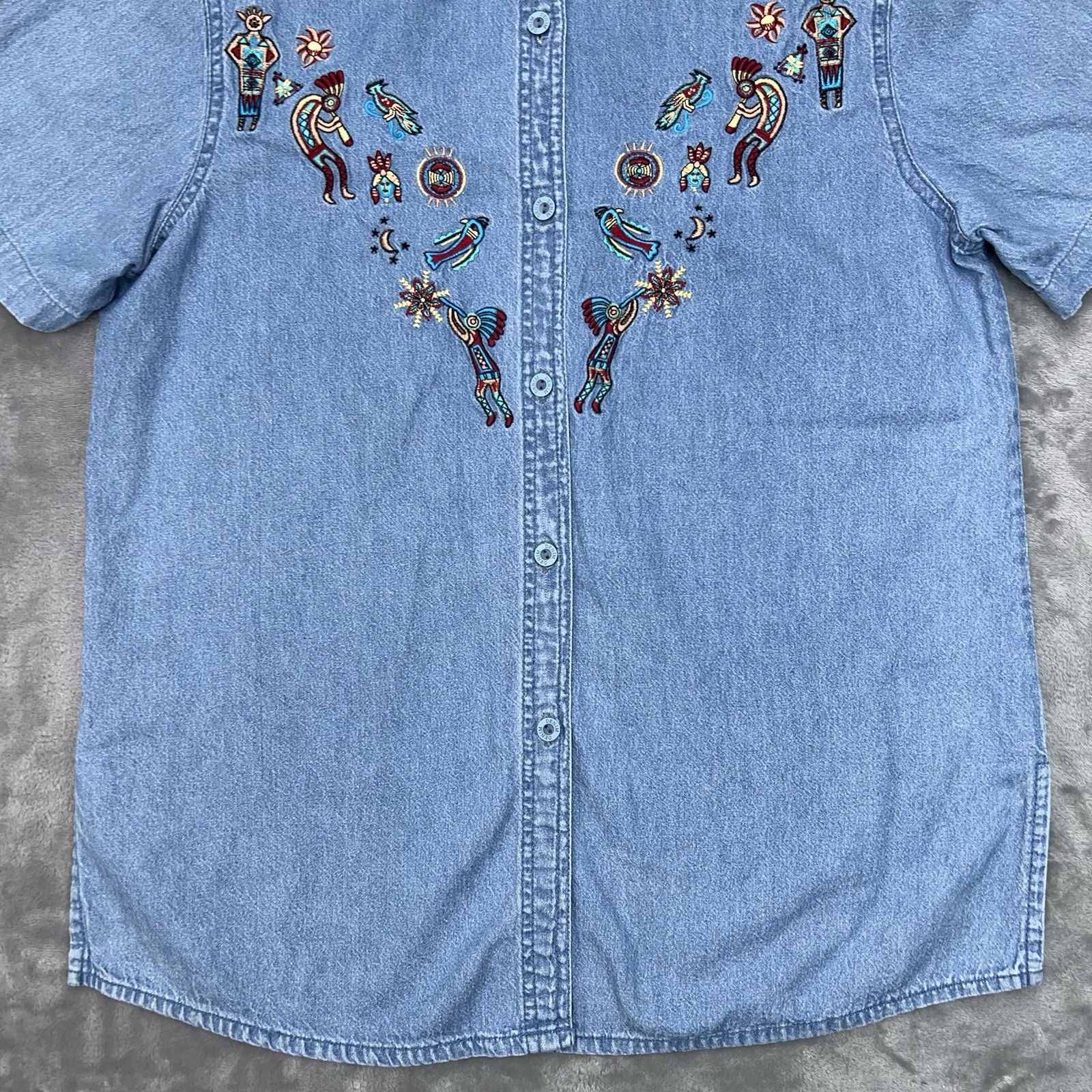 Vtg PASSION-I Denim Shirt Women Small Short Sleeve Southwest Kokopelli Aztec Y2K