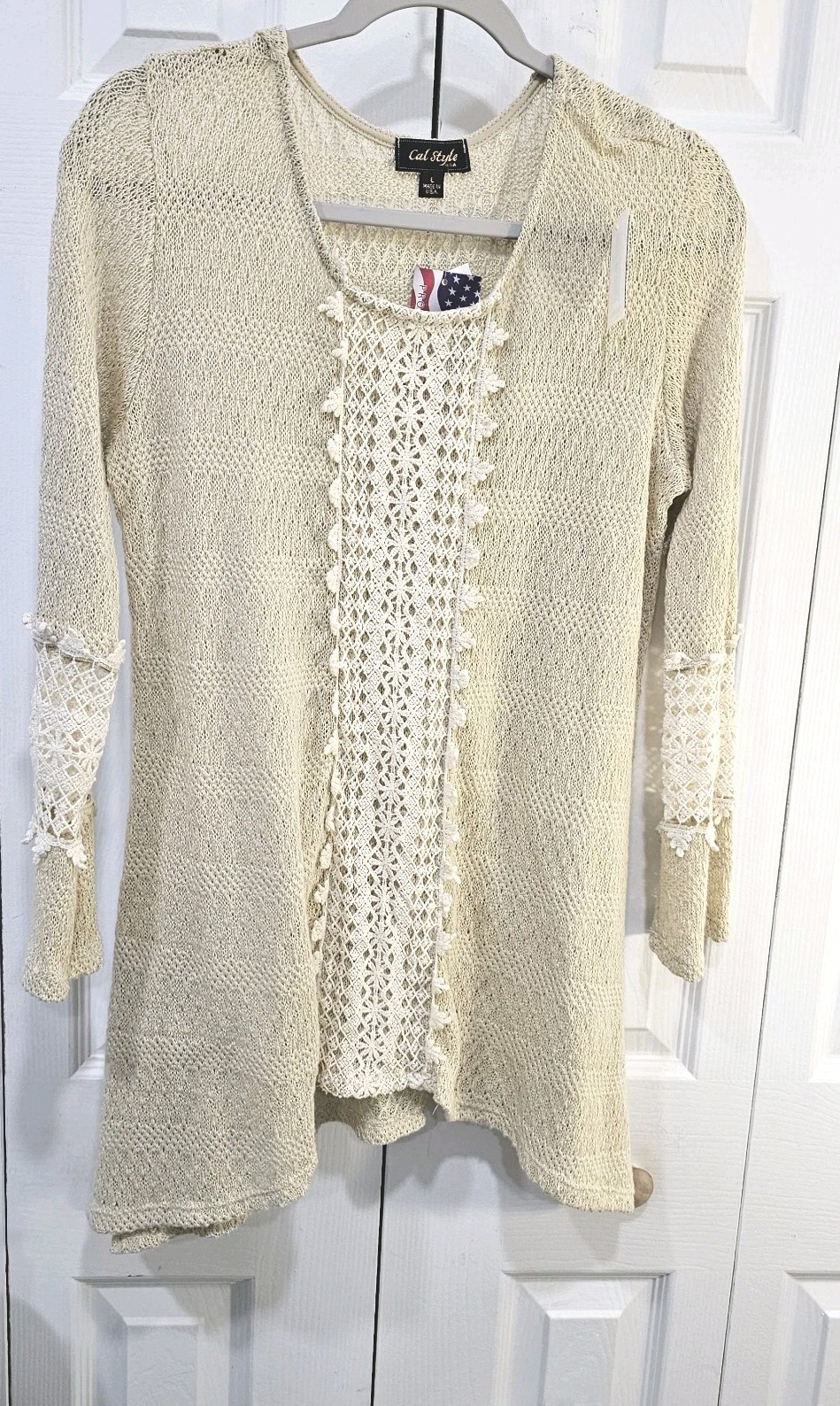 Cal Style Beige Asymmetrical Crochet Lace Boho Peasant Top Romantic Bell sleeve