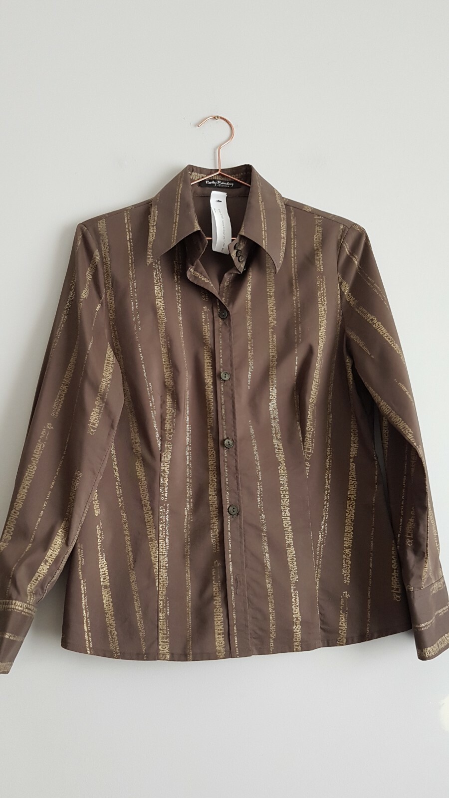 Vintage Betty Barclay khaki green gold zodiac Signs Names Print blouse size 10