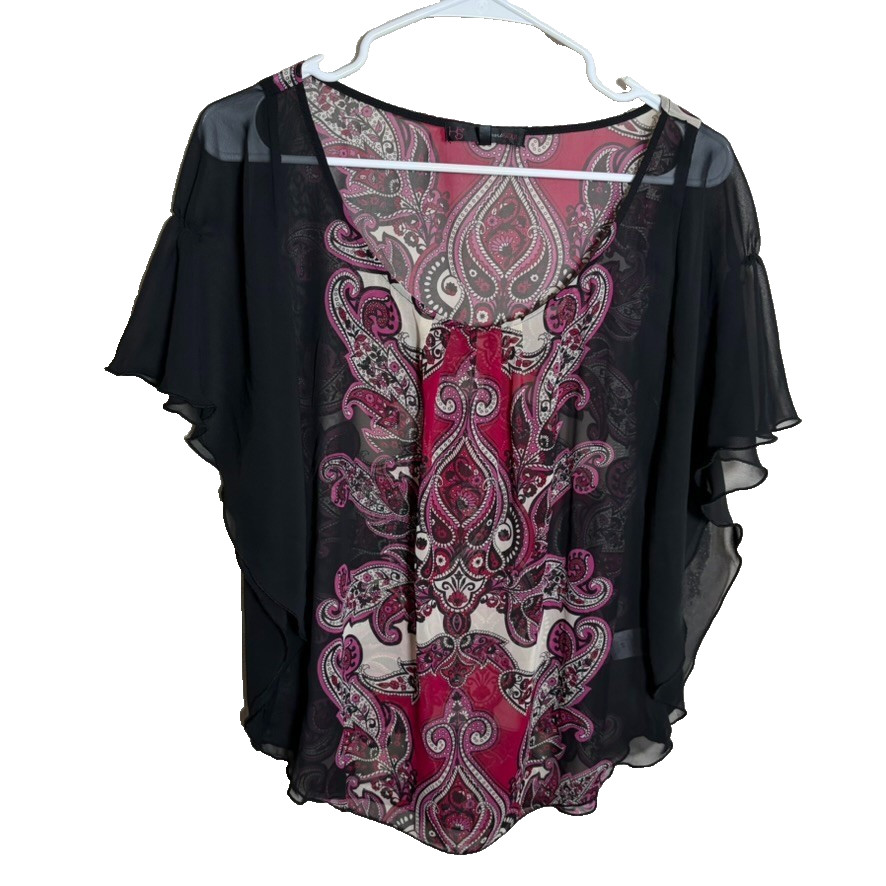 Heart Soul Blouse Women’s Small Sheer Short Sleeve Ruffle Print Lightweight Top