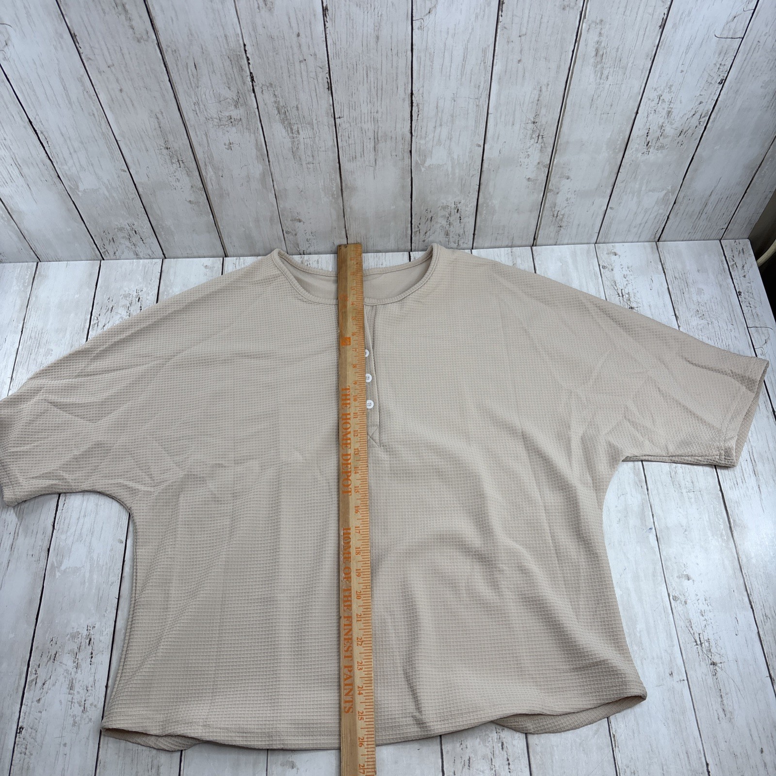 Women’s Shirt Short Raglan Sleeve Henley Waffle Knit T-Shirt Beige New Size XL