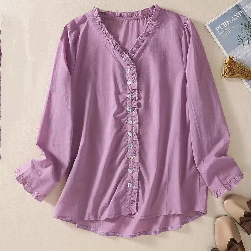 Women’s New Spring Loose V-Neck Wrinkled Sexy Shirt Long-Sleeved Comfortable Top