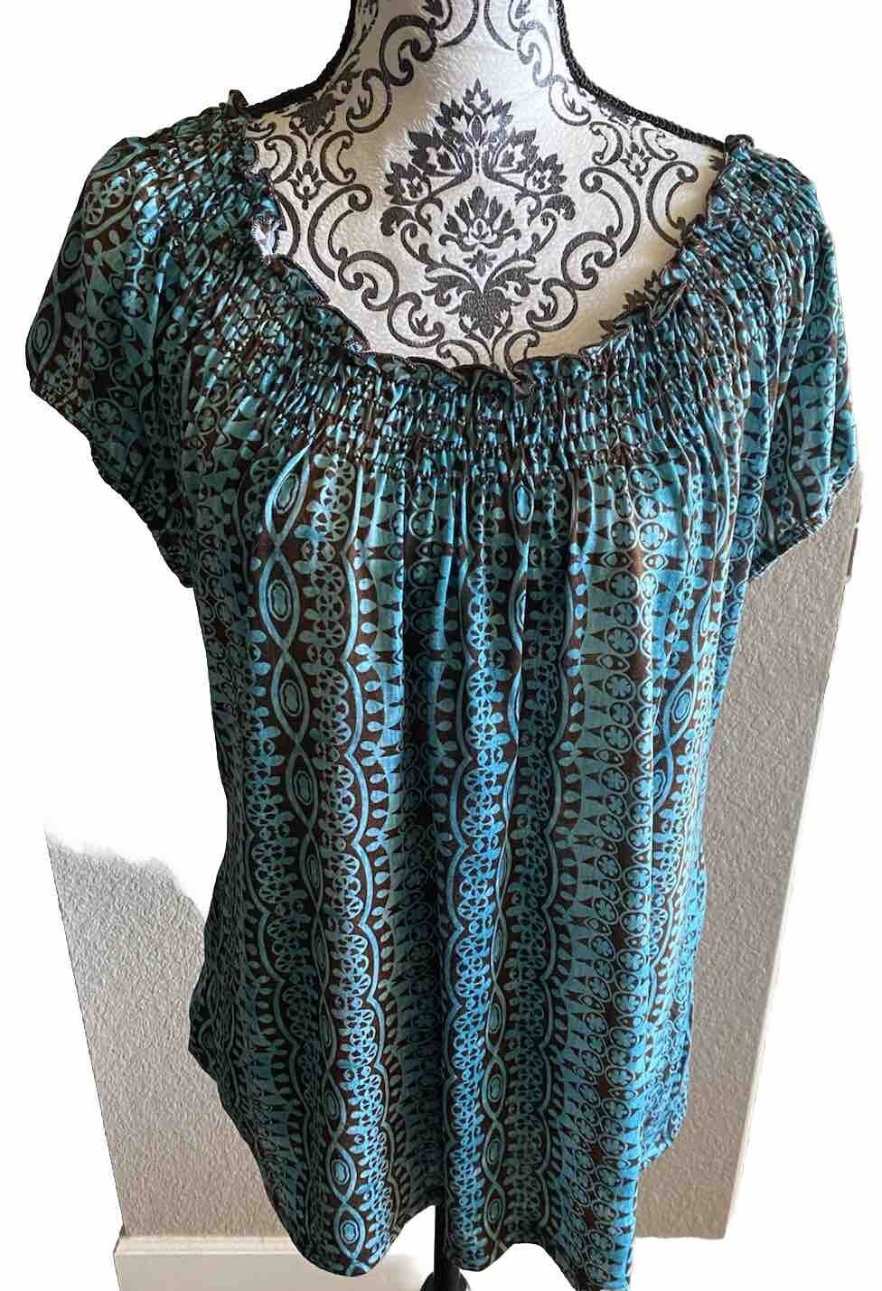 NWT Claudia Richard XL Blouse Peasant Style Top Turquoise Brown Shirt X Large