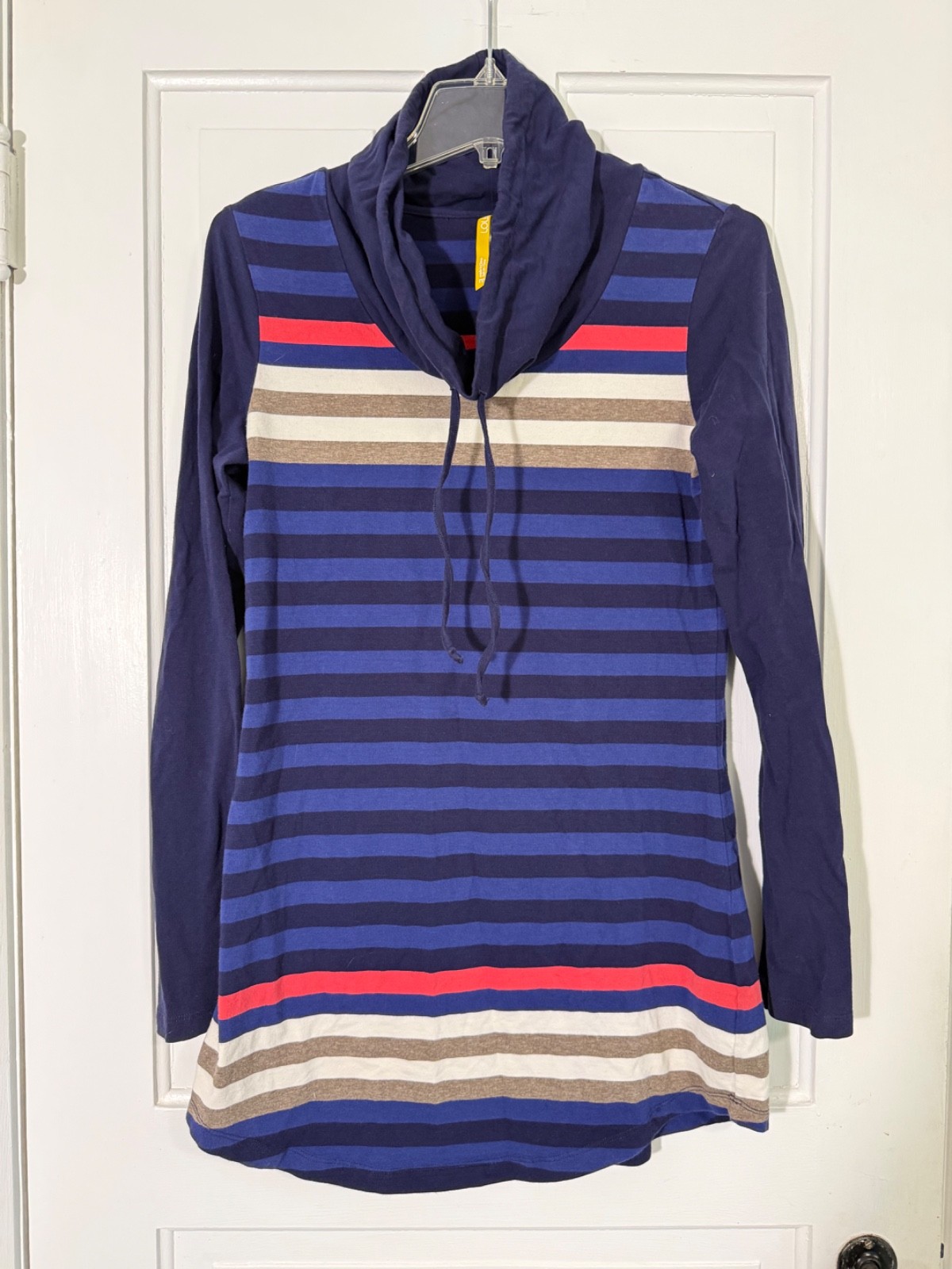 Lole Tunic Top Medium Blue Navy White Taupe Red Cowl Neck Organic Cotton