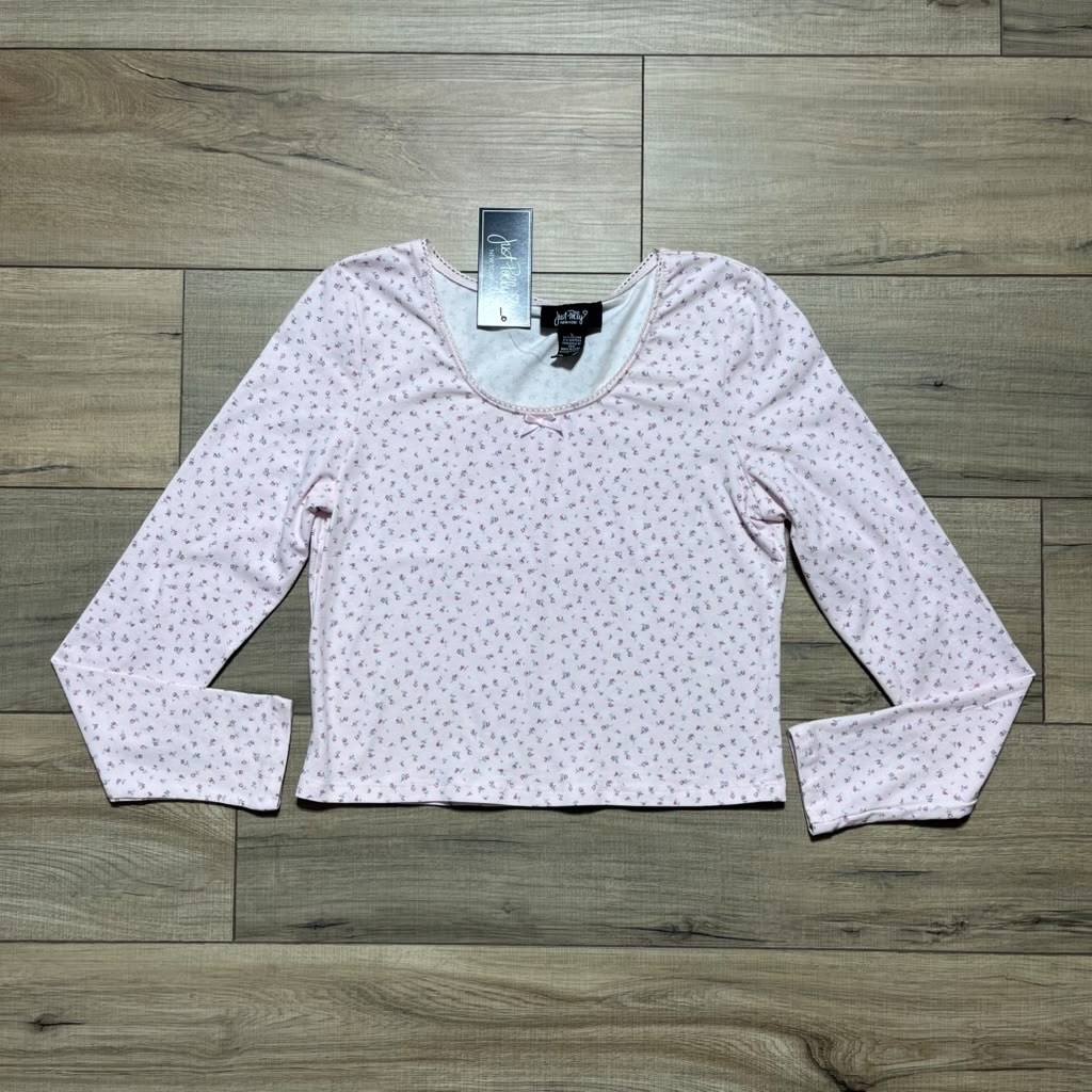 Just Polly New York Juniors Long Sleeve Floral Cropped Top Size Large Pink