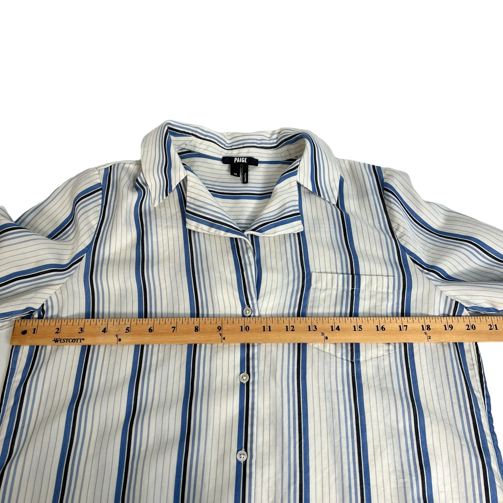 Paige Womens White Dream Blue Striped Notch Lapel Collar Button Up Shirt Size M