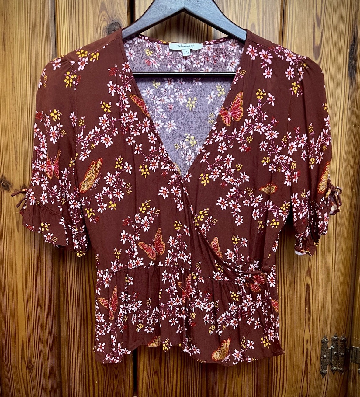 Madewell burgundy Floral Butterfly Sanctuary Wrap Top, tie sleeve, peplum 4