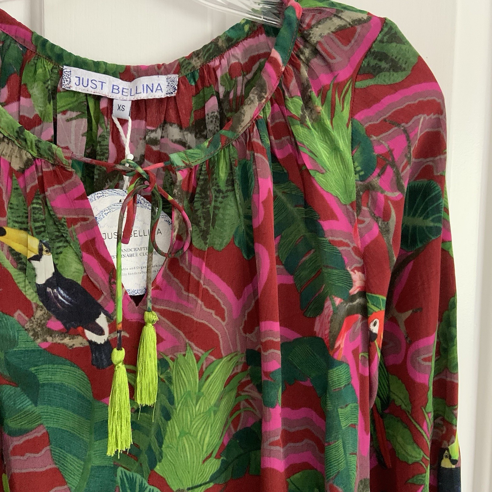 Just Bellina Tropical Parrot Tucan Floral Peasant Festival Blouse Tassels sz XS