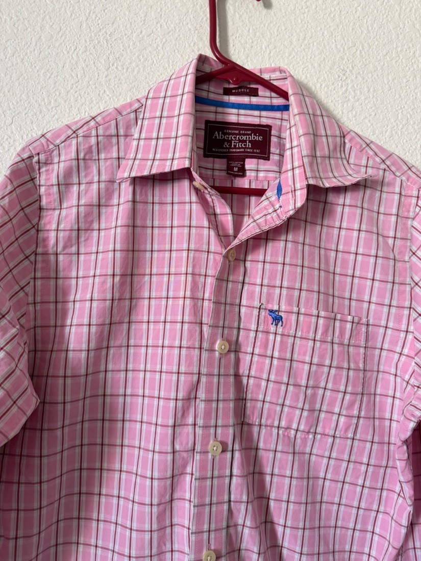 Abercrombie Fitch Mens Pink Plaid Muscle Fit Button Down Shirt Size M