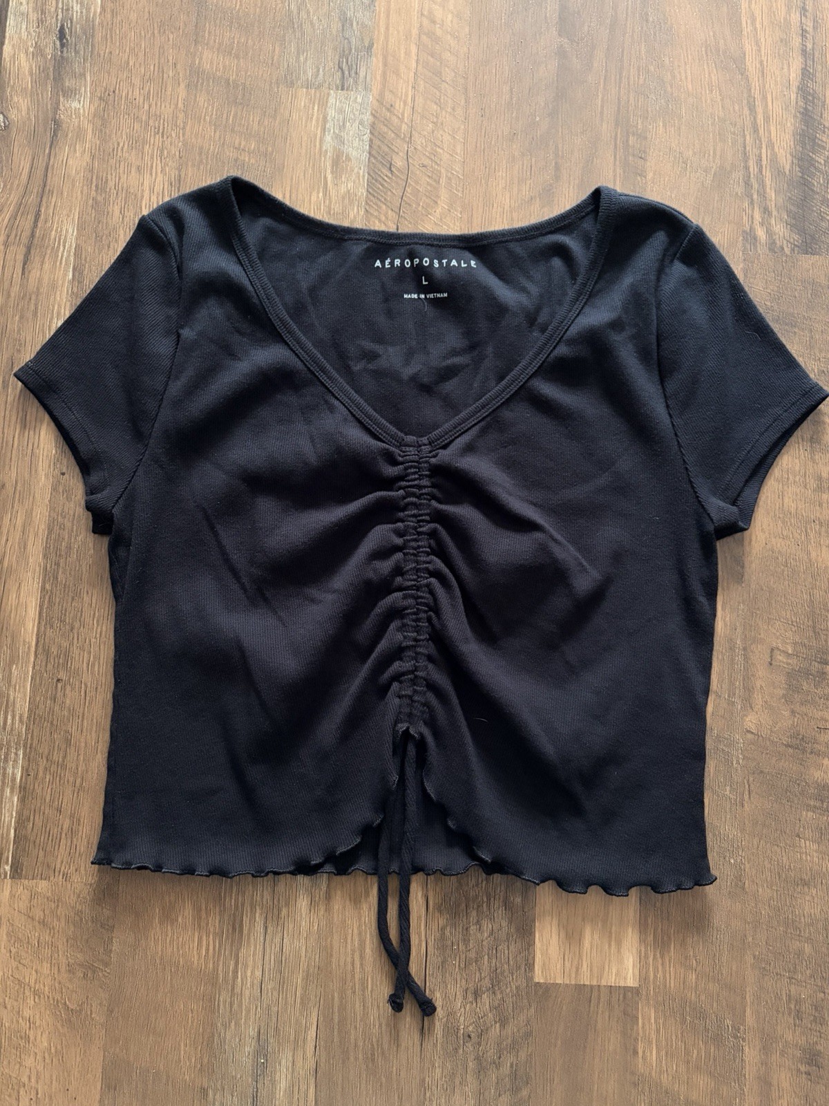 Aeropostale Black Ruched Top Women’s Large Smocked Cinched Front Tie Casual