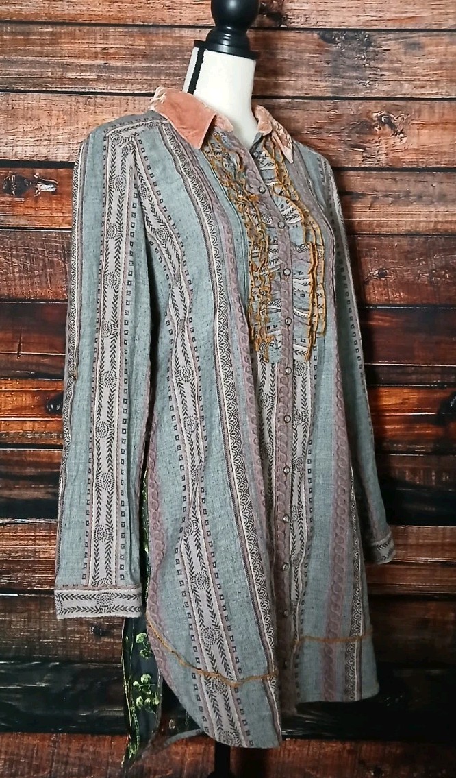Soft Surroundings Tunic Top S Boho Long Ruffle Embroidered Roll Tab Cuff Button