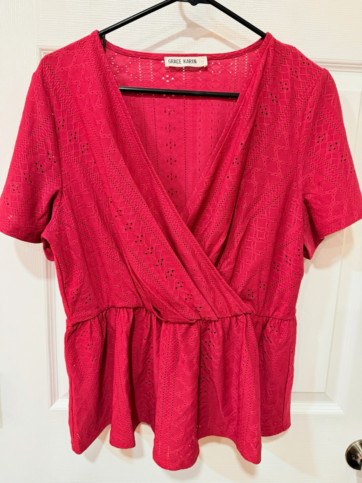 Grace Karin Maternity Women’s L Red Eyelet V-Neck Short Sleeve Peplum Blouse