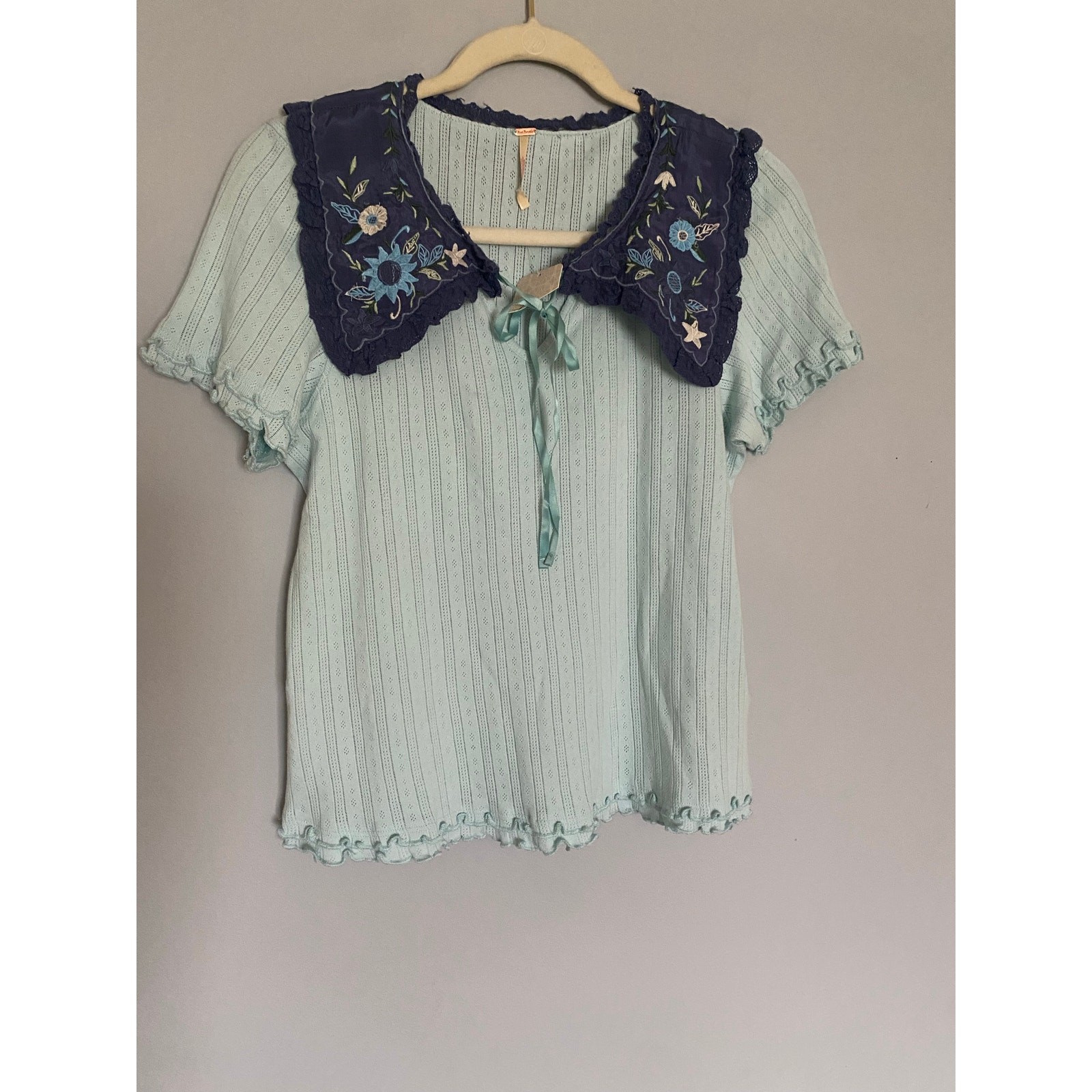 NEW Free People Sol Knit Tee Women Large Vintage Look Lace Floral Blue Fairy