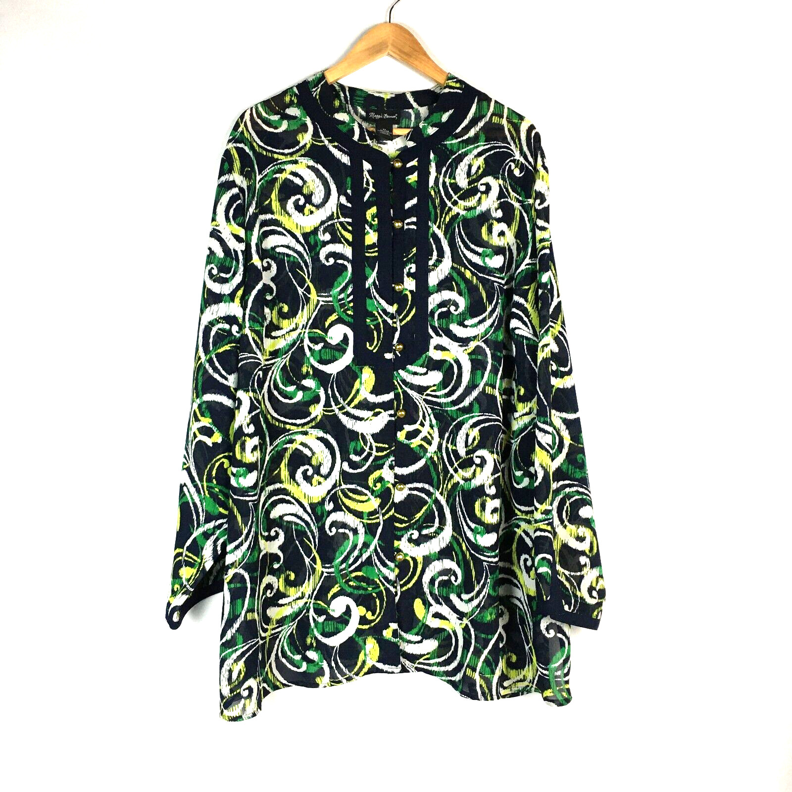 Maggie Barnes Top Green Blue Paisley Chiffon Sheer Gold tone Buttons Women’s 3X