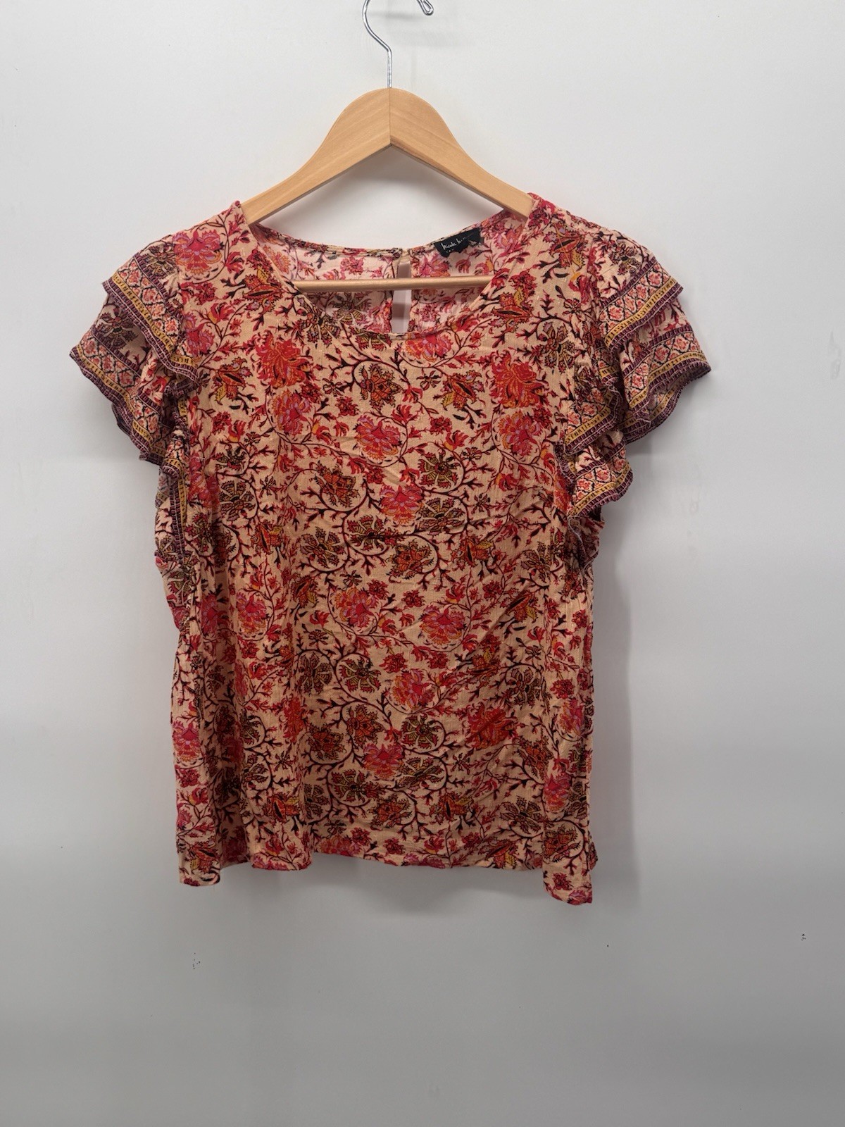 Nicole Miller New York Boho Flutter Sleeve Blouse Top Pink Beige Size S Ruffle