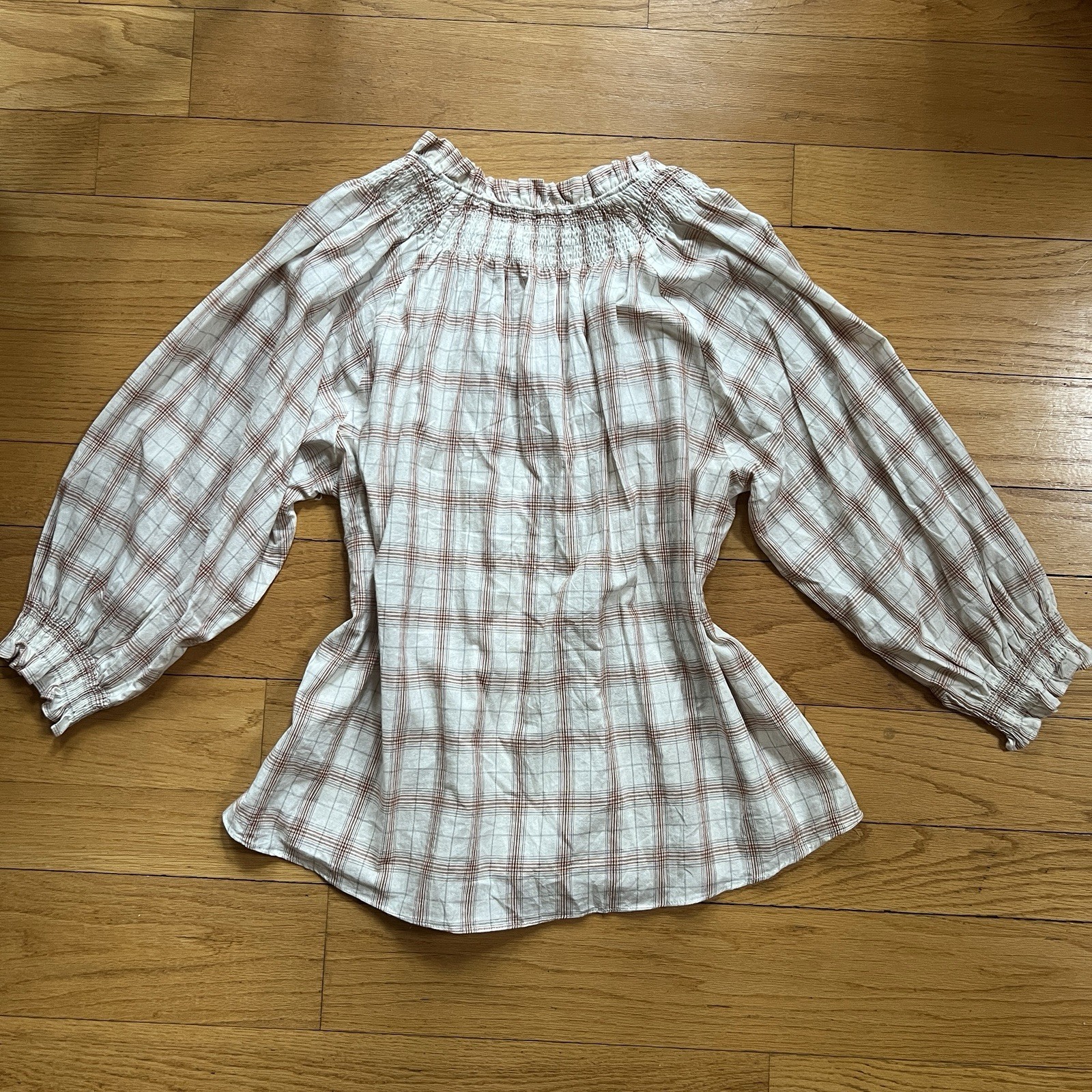 Carly Jean Los Angeles Plaid Ruffle Cotton Balloon Sleeve Blouse