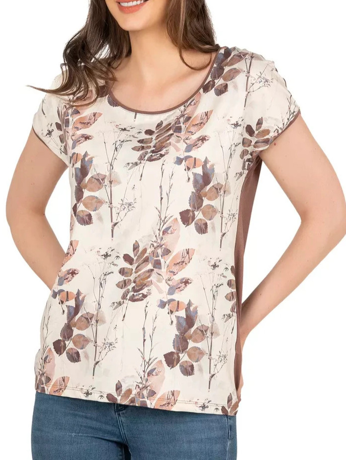 Womens S /M Floral Viscose Knit Top Ivory Brown Short Sleeve Casual Blouse Comfy