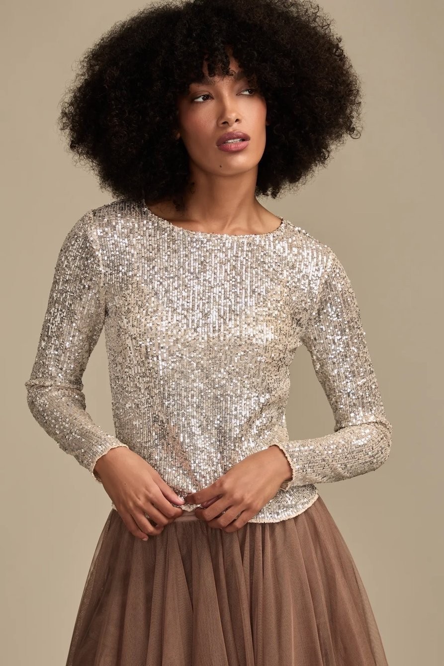 Lucky Brand Sequin Long Sleeve Top Champagne Silver Beige Women’s Medium M
