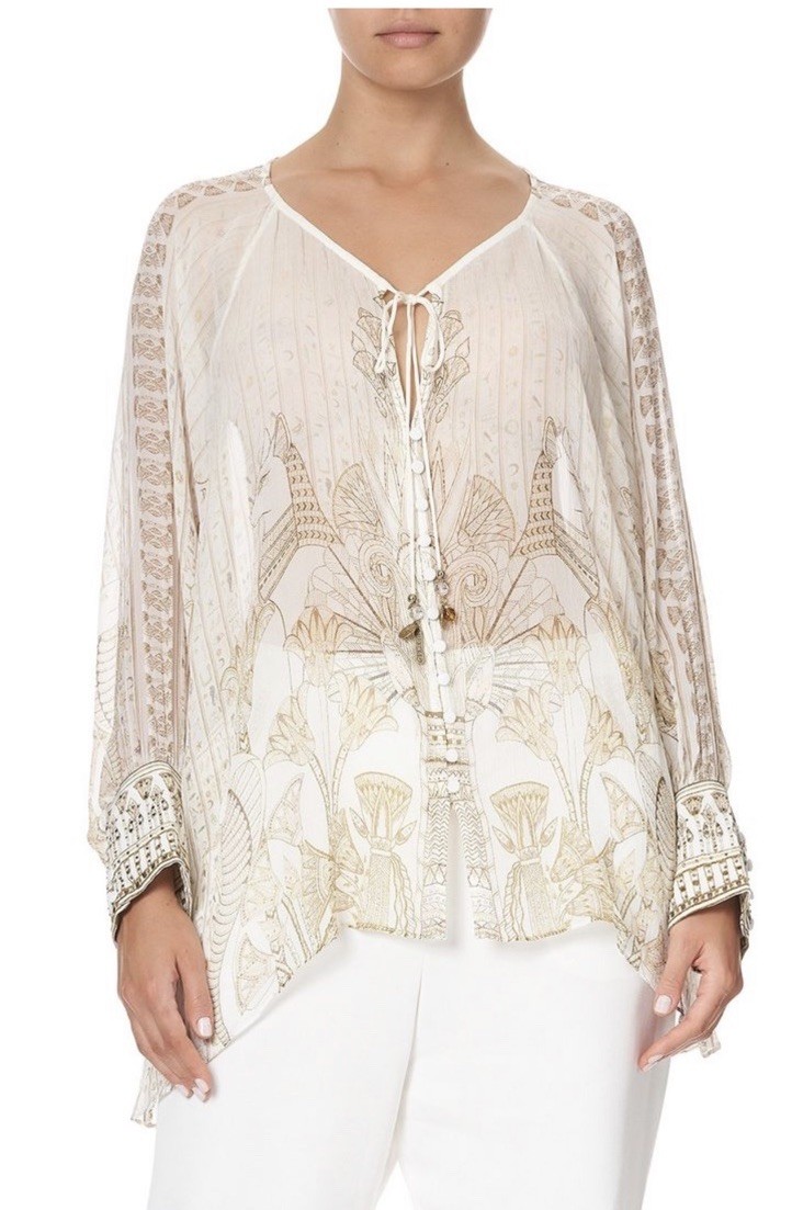 Camilla “The Queens Chamber” White Gold Egyptian Silk Boho Peasant Top Blouse OS