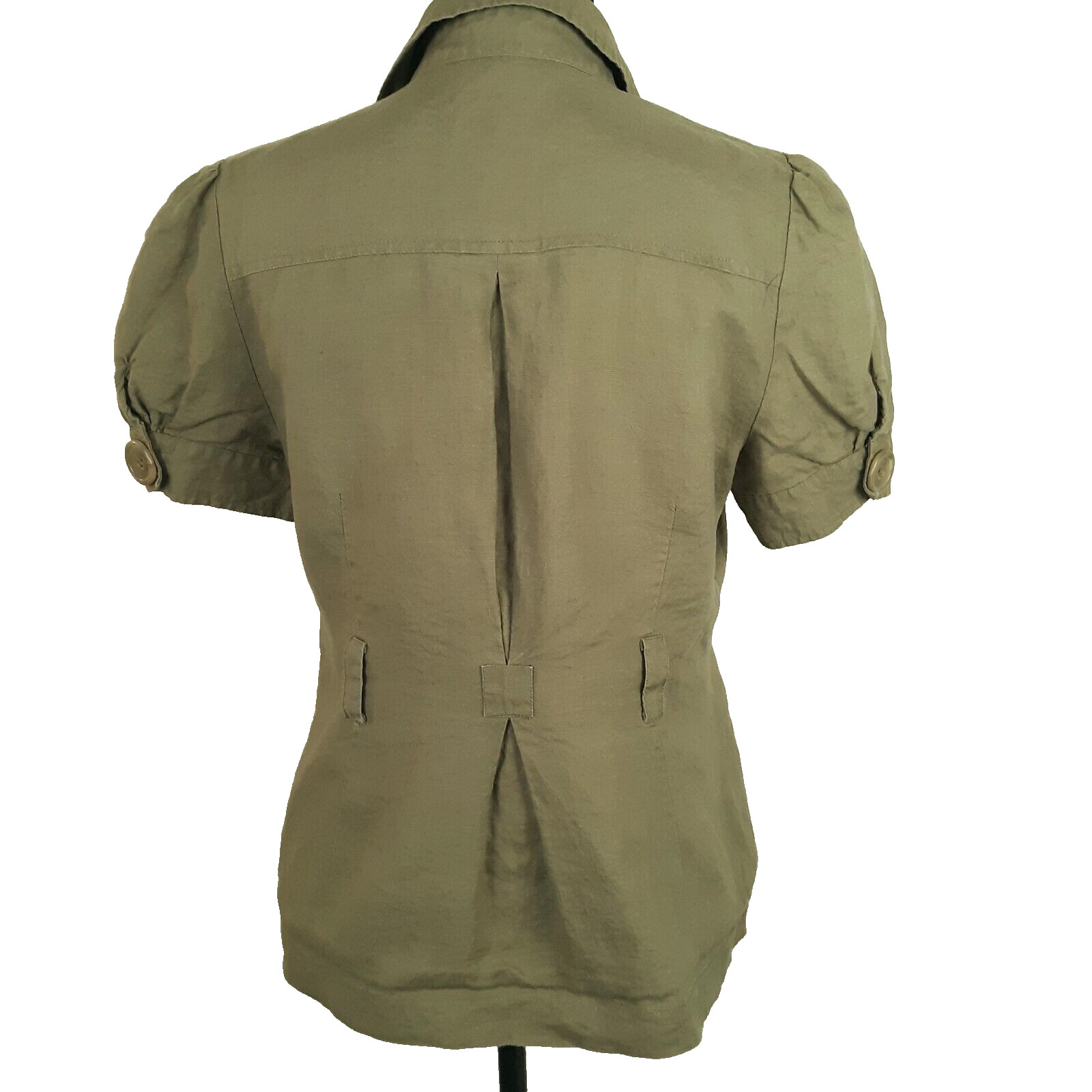 Mandarin Blue 100% Linen Top Women’s Medium Buttons Multi Pocket Military Green