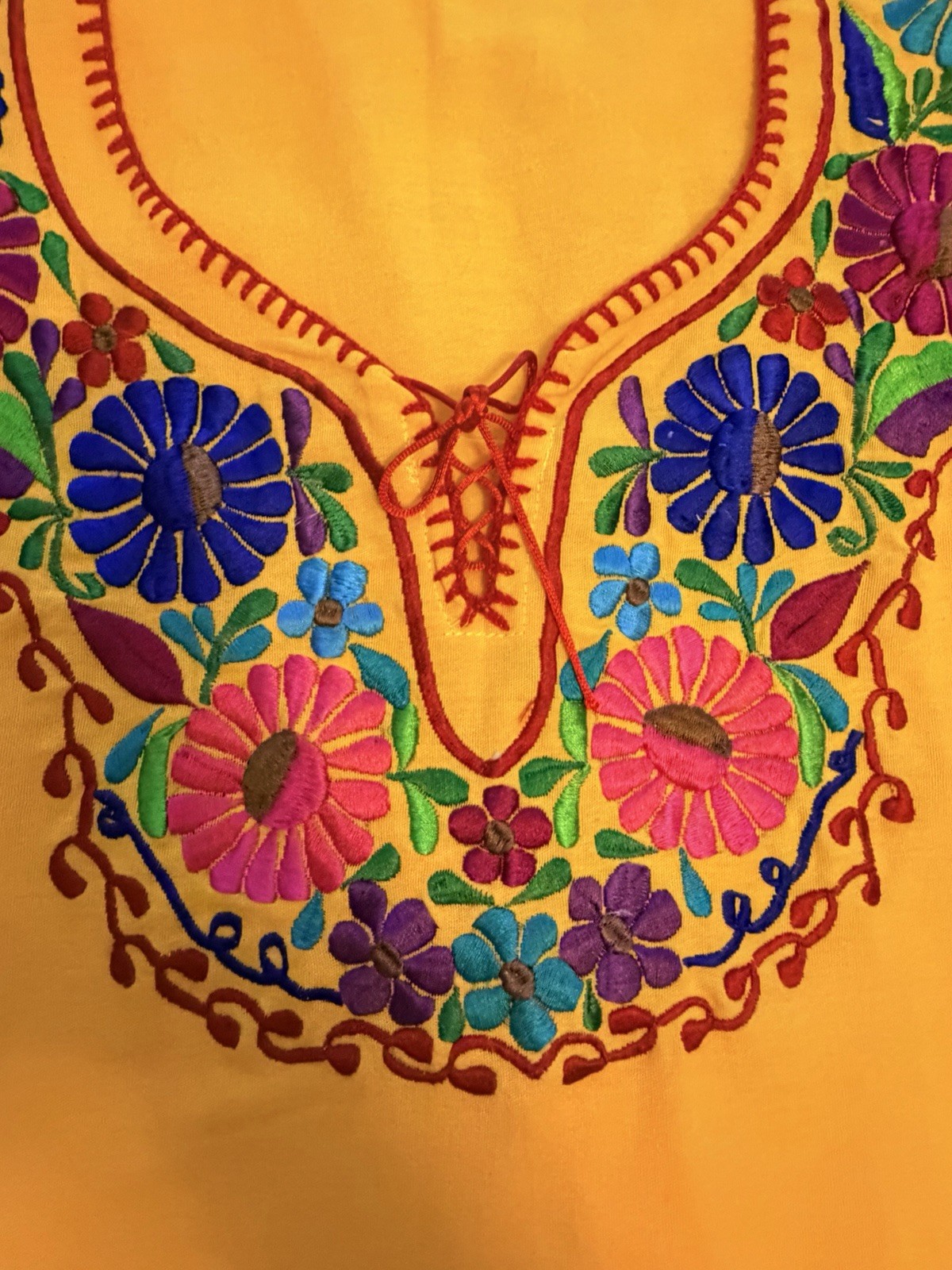 Mexican Embroidered Floral Yellow Cotton Blouse Med Mexico Souvenir Cruise Beach