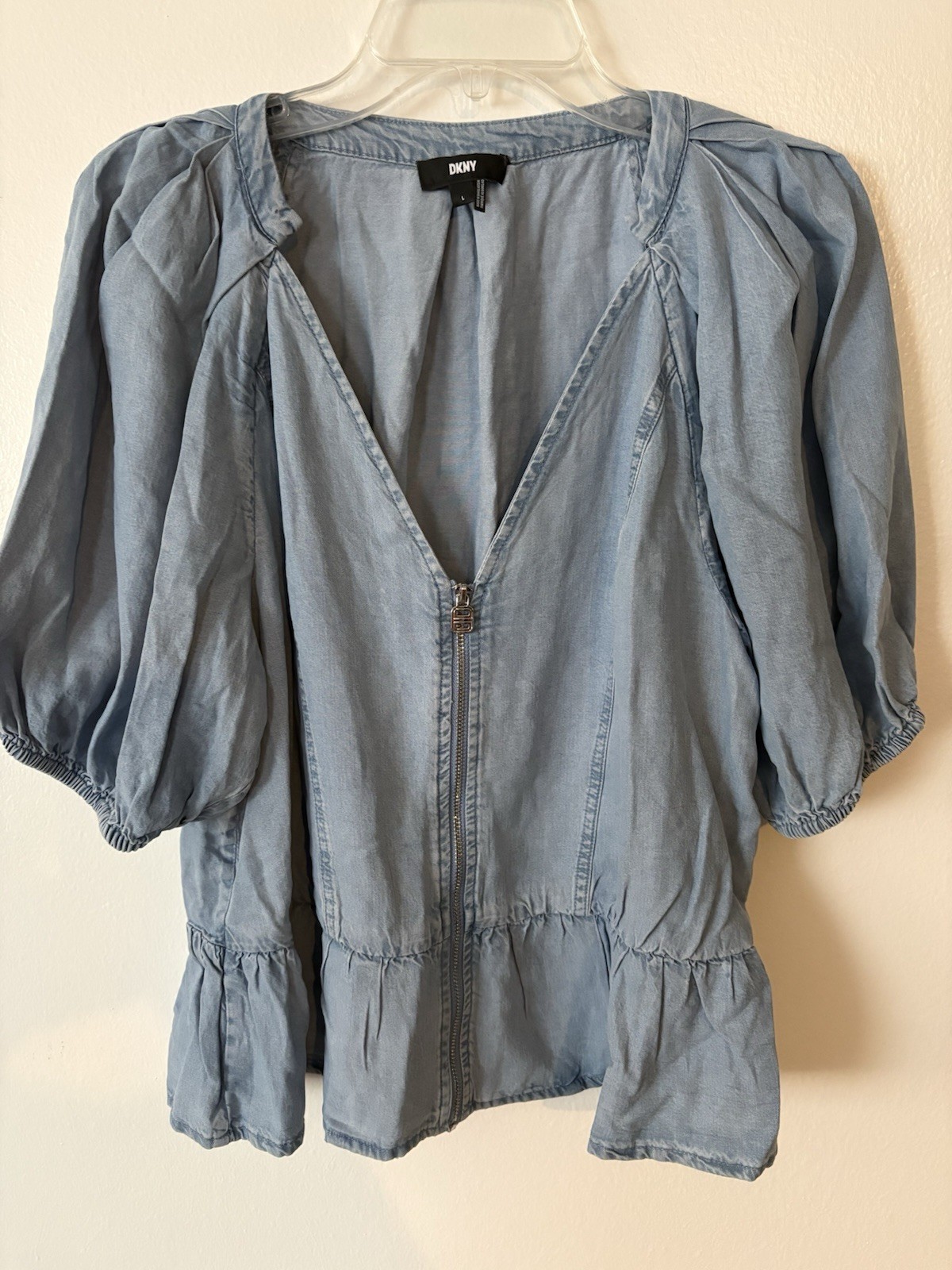 DKNY Women’s Zip-Front Puff-Sleeve Denim Blouse Top Blue Size L