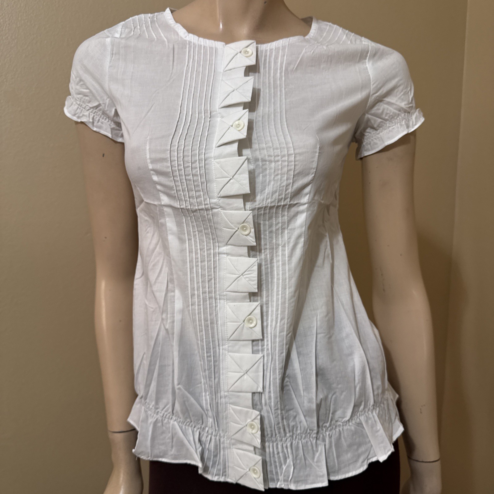 Women’s White Cotton Casual Summer Button Up Short Sleeve Size M Blouse Top