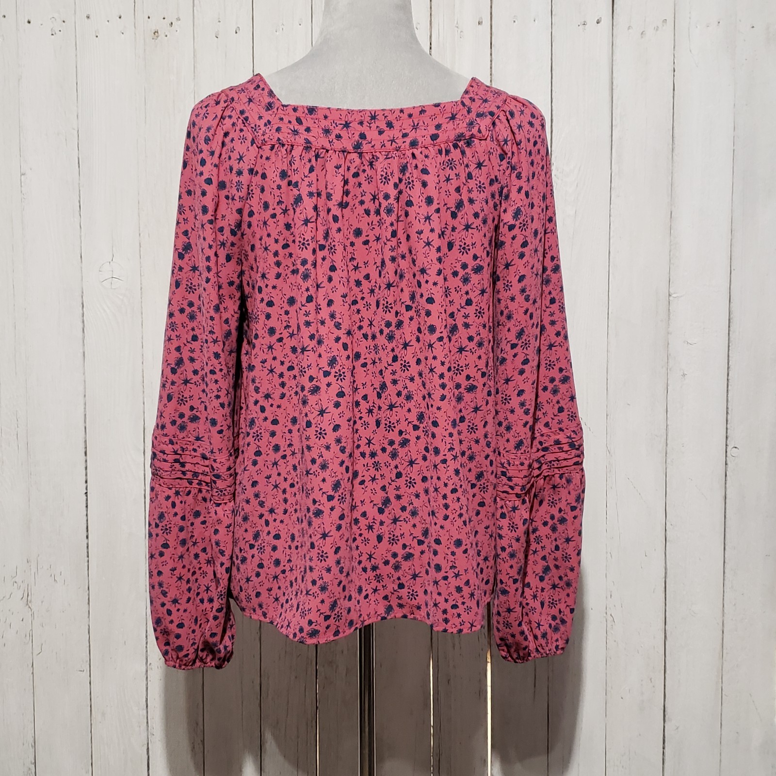 LC Lauren Conrad Boho Top M Pink Floral LS Square Neck Pintuck Cottage Romantic