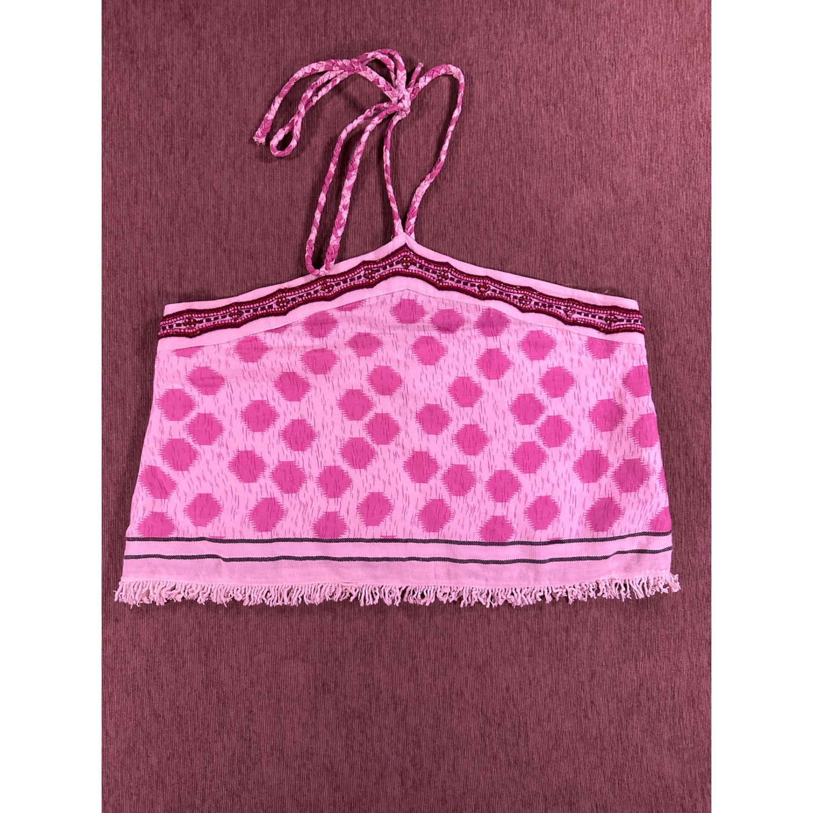 Zara Pink Ikat Print Beaded Halter Crop Top Fringe Hem Boho Womens Small