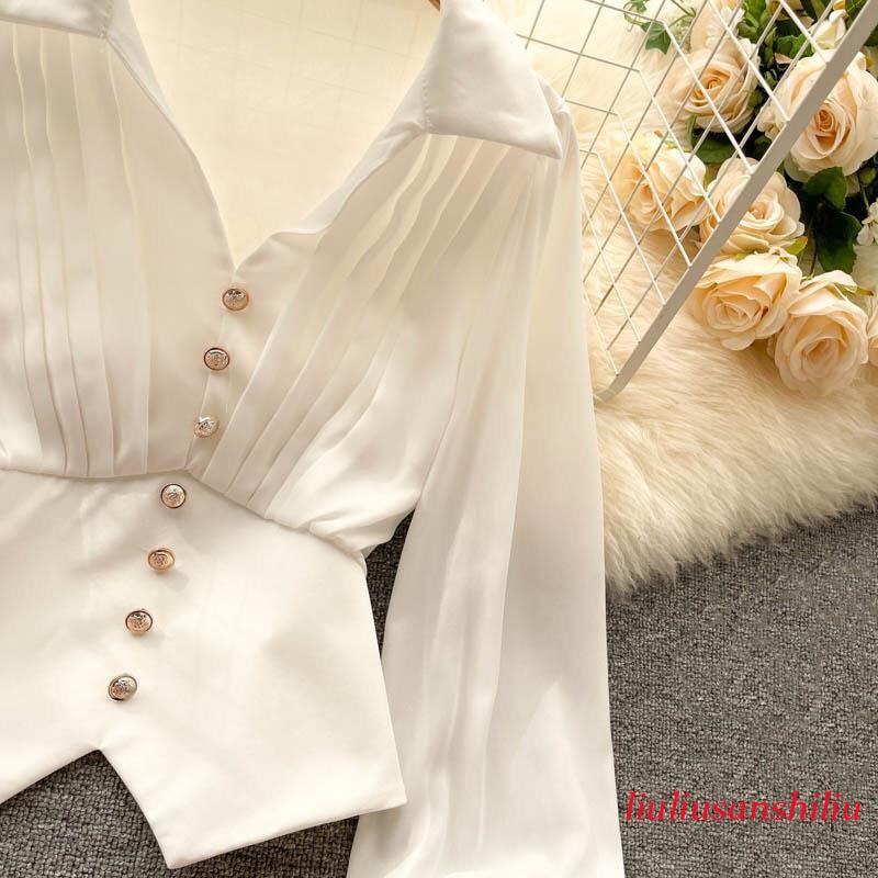 Elegant Ladies V-neck Crop Top Blouse Vintage Style Button Puff Sleeve Shirt
