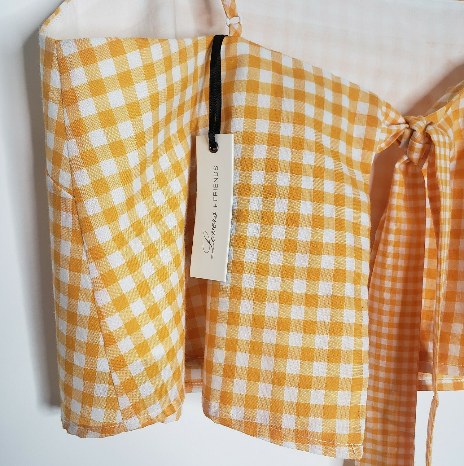 Lovers + Friends Women Medium Bowie Yellow White Gingham Check Back Tie Crop Top