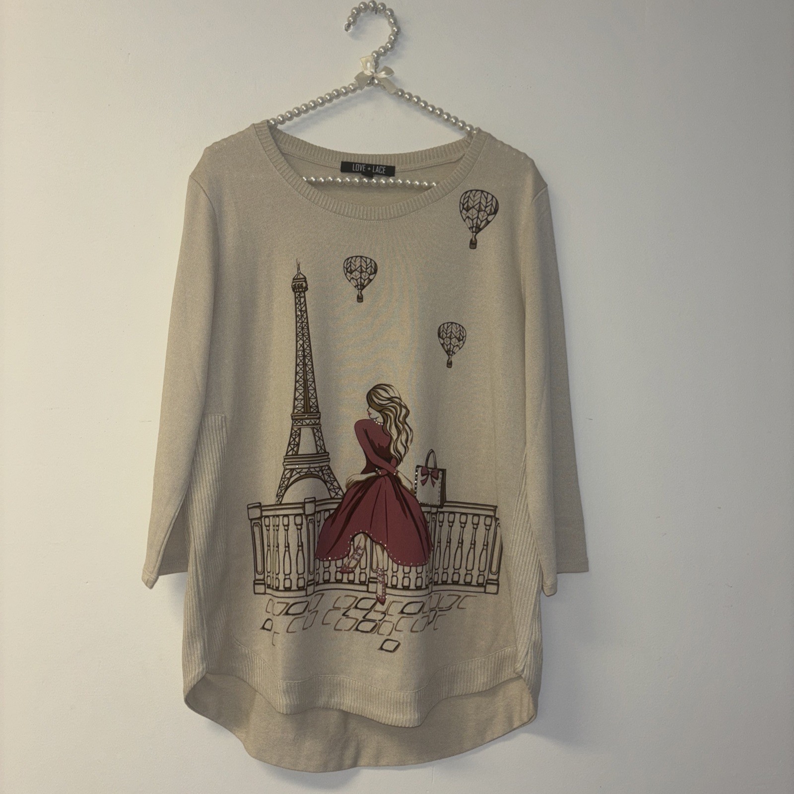 Love & Lace Graphic Top Blouse Womens Sz Lg Paris Embellished Whimsical Romantic