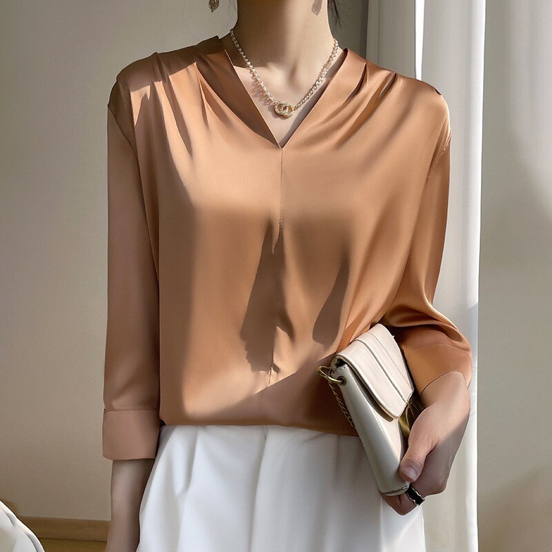 Women’s Elegant Silk Satin V-Neck Tops Shirt Long Sleeve Business Blouses Shirts