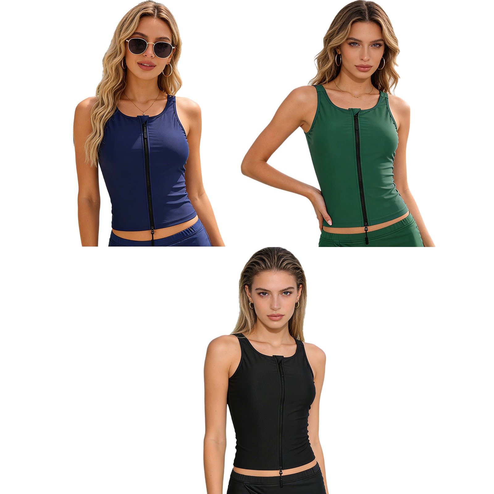 Women Adaptive Clothing Zip Front Swim Tank Top Swimming Vest Tankini Swimwear