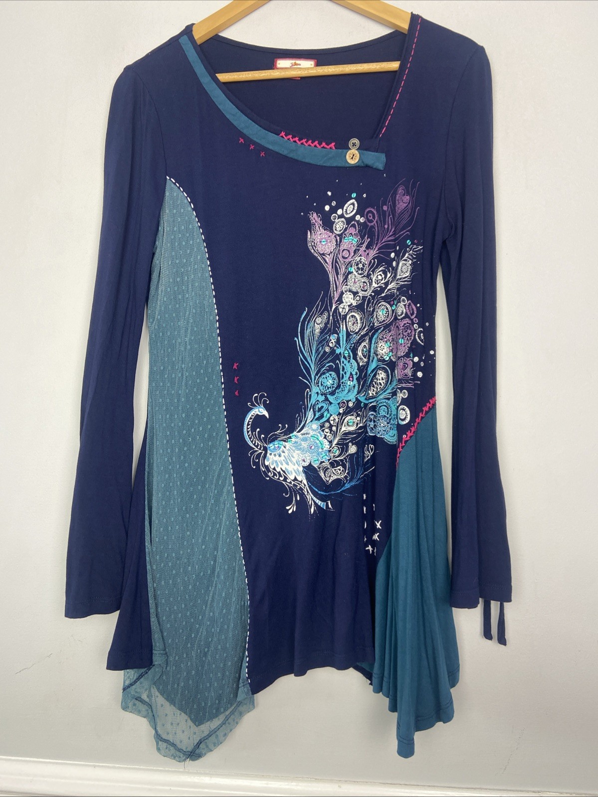 Joe Browns Top Womens Size 12 Blue Peacock Long Sleeve 90’s Y2K Floaty Gypsy