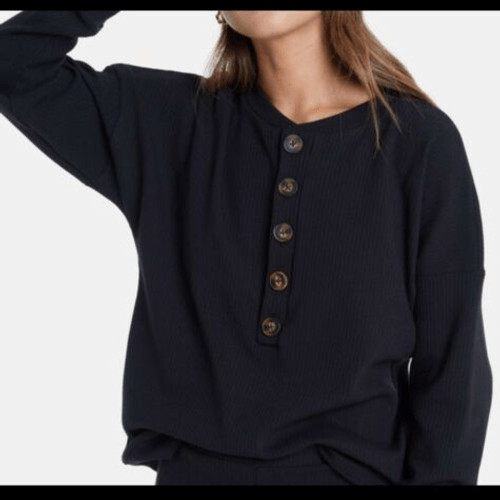 Lett Kruger Henley Top Black Sz XS Ribbed