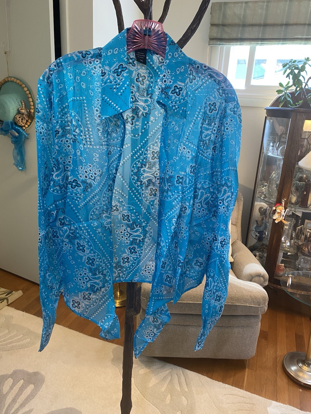 Hot in Hollywood Turquoise Blue Bandanna Pattern Silk Tie Blouse 1X NWT