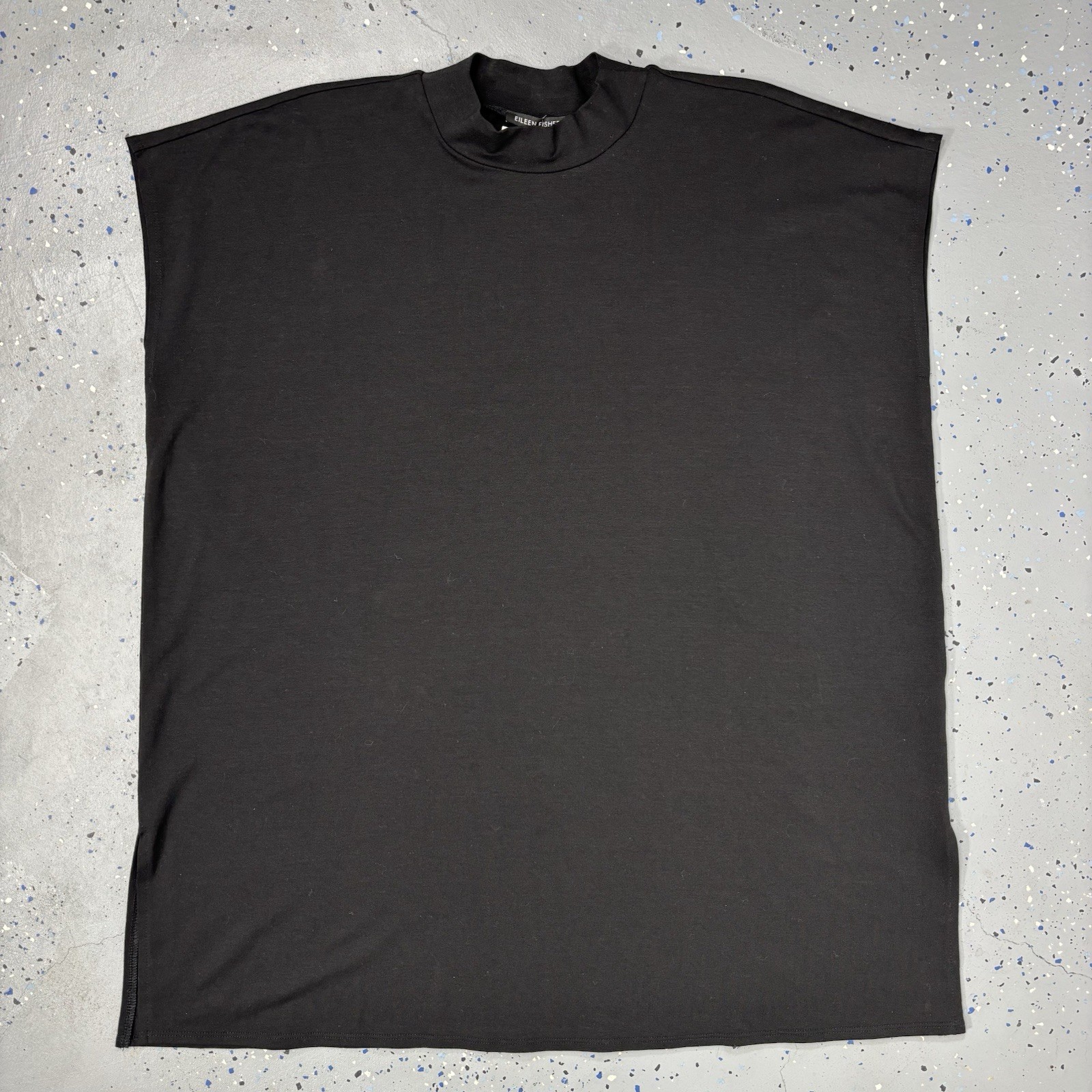 EILEEN FISHER Black Stretch Jersey Long Top Mock Neck Boxy Fit Thigh Length S