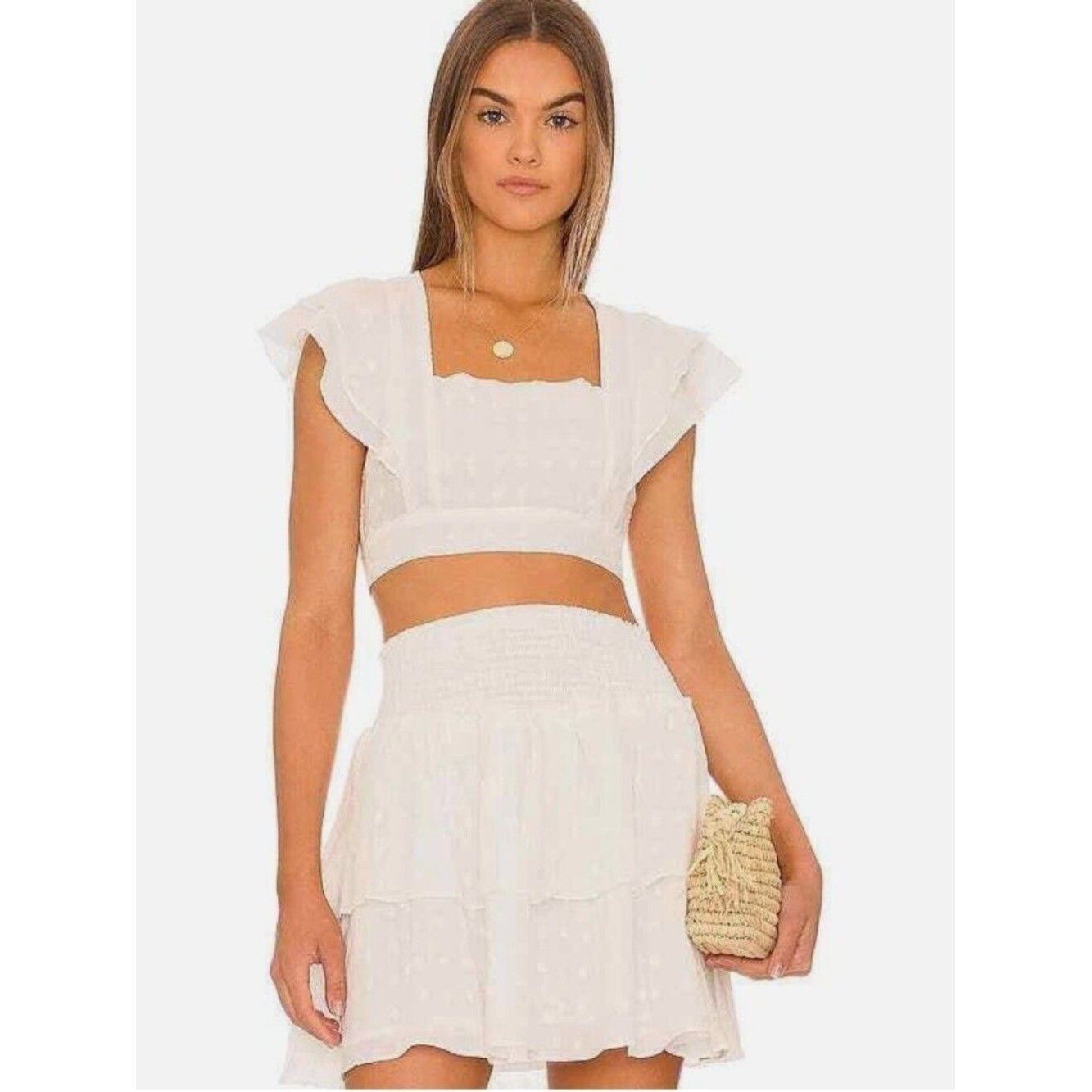 MinkPink White Flutter Sleeve Square NeckPolka Dot Crop Top- S