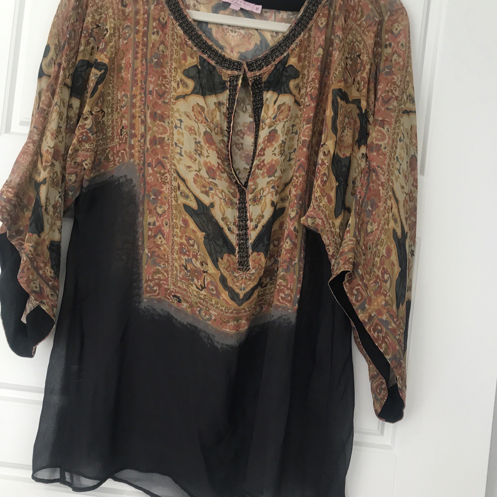 Calypso St Barth’s Gold Brown Sheer Beaded Romantic Blouse Medium