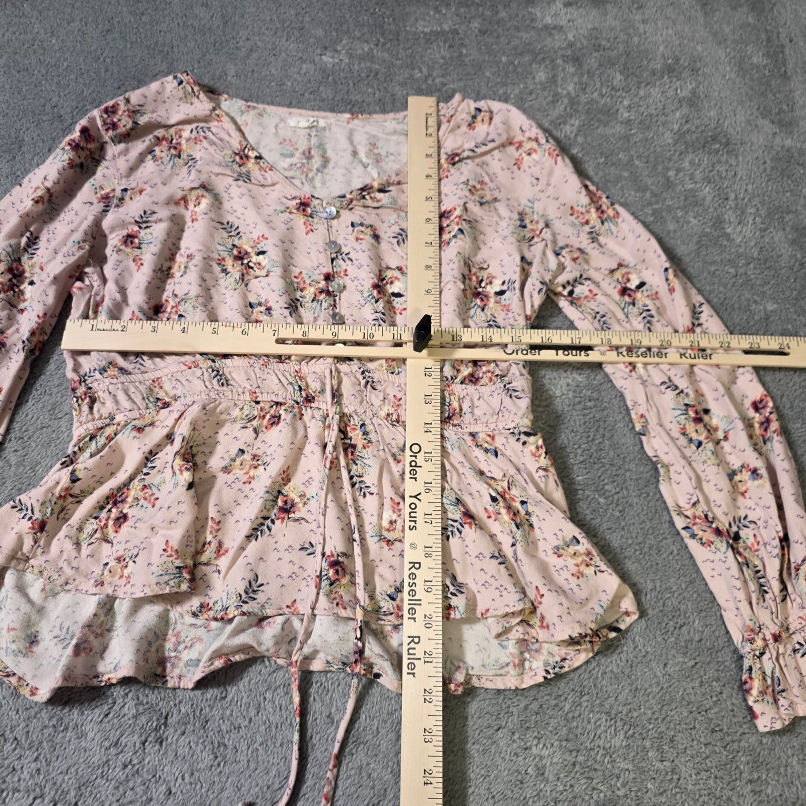 Maurices Womens M Peplum Blouse Pink Floral Button Front Boho Long Sleeve Top