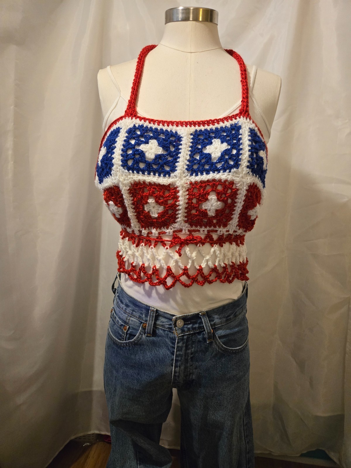 New Red White Blue Granny square Halter top Draw string tie Handmade Crocheted