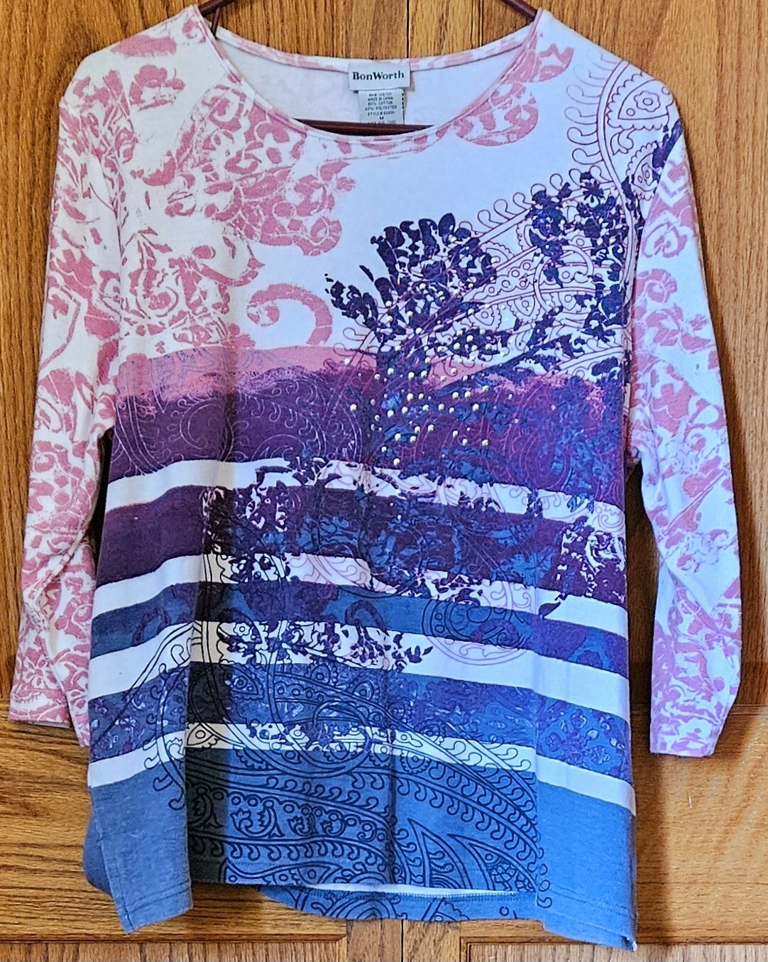 BonWorth Womens Top 3/4 Sleeve Shirt Pink/Purple/Gray Print Rhinestones Studs M